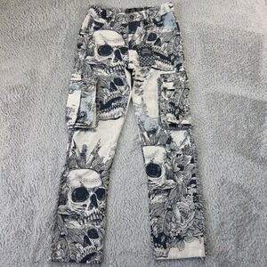 Rebel Vengeance Cargo Pants Mens 28 Tapestry Skull Floral Woven Jacquard Black